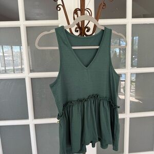 Green Peplum Tank Top Small V Neck Ruffle Waist Sleeveless